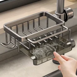 Kitchen Sink Faucet Organizer,Rustproof Aluminum Holder for Sponge, Soap, Brush, Space-Saving Design with Drip Tray, Easy Installation