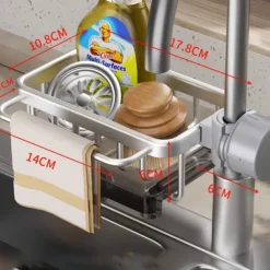 Kitchen Sink Faucet Organizer,Rustproof Aluminum Holder for Sponge, Soap, Brush, Space-Saving Design with Drip Tray, Easy Installation