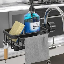 Kitchen Sink Faucet Organizer,Rustproof Aluminum Holder for Sponge, Soap, Brush, Space-Saving Design with Drip Tray, Easy Installation