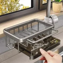 Kitchen Sink Faucet Organizer,Rustproof Aluminum Holder for Sponge, Soap, Brush, Space-Saving Design with Drip Tray, Easy Installation