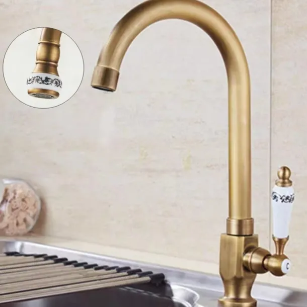 Kitchen Sink Faucet Retro Brass, 360 ° Swivel Single Handle Cold Taps One Hole Lever Ceramic Valve Tap Antique Vintage Bronze