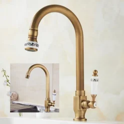 Kitchen Sink Faucet Retro Brass, 360 ° Swivel Single Handle Cold Taps One Hole Lever Ceramic Valve Tap Antique Vintage Bronze