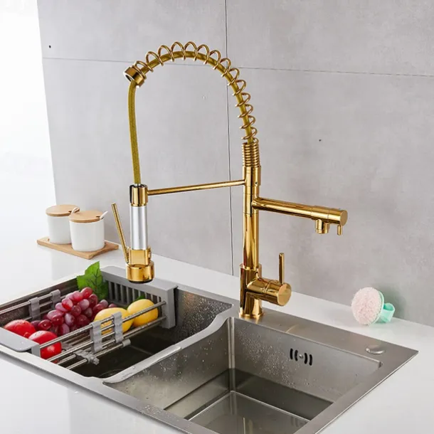 Kitchen Sink Mixer Faucet Pull Down Sprayer, Single Lever Pull Out Taps, 360 ° Swivel Cold Hot Water Brass Tap Golded Chrome Black
