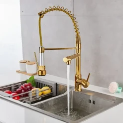Kitchen Sink Mixer Faucet Pull Down Sprayer, Single Lever Pull Out Taps, 360 ° Swivel Cold Hot Water Brass Tap Golded Chrome Black