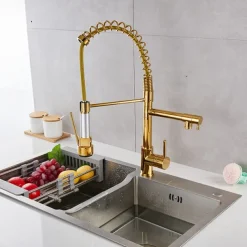 Kitchen Sink Mixer Faucet Pull Down Sprayer, Single Lever Pull Out Taps, 360 ° Swivel Cold Hot Water Brass Tap Golded Chrome Black