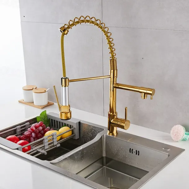 Kitchen Sink Mixer Faucet Pull Down Sprayer, Single Lever Pull Out Taps, 360 ° Swivel Cold Hot Water Brass Tap Golded Chrome Black