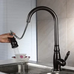 Kitchen Sink Mixer Faucet with Pull Out Sprayer, High Arc Brass Silver/Coffee Single Handle One Hole Oil-rubbed Bronze Pull Down Tall Kitchen Taps with Hot and Cold Water Hose