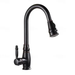 Kitchen Sink Mixer Faucet with Pull Out Sprayer, High Arc Brass Silver/Coffee Single Handle One Hole Oil-rubbed Bronze Pull Down Tall Kitchen Taps with Hot and Cold Water Hose