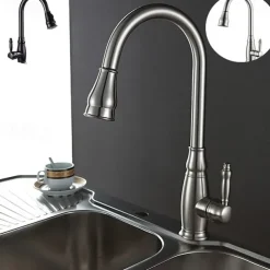 Kitchen Sink Mixer Faucet with Pull Out Sprayer, High Arc Brass Silver/Coffee Single Handle One Hole Oil-rubbed Bronze Pull Down Tall Kitchen Taps with Hot and Cold Water Hose