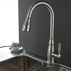 Kitchen Sink Mixer Faucet with Pull Out Sprayer, High Arc Brass Silver/Coffee Single Handle One Hole Oil-rubbed Bronze Pull Down Tall Kitchen Taps with Hot and Cold Water Hose