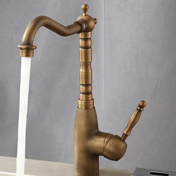 Kitchen Sink Mixer Faucet Traditional, 360 Rotating Kitchen Vessel Taps Antique Brass Retro Style Single Handle One Hole with Hot and Cold Water Hose