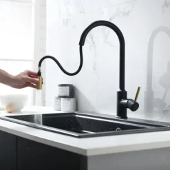 Kitchen Sink Mixer Faucet Pull Out, Single Lever Handle Brushed Solid Brass Taps Cold Hot Hose, One Hole with Pull Down Sprayer Black Gold Faucets