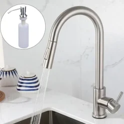Kitchen Sink Mixer Faucet with Pull Out Sprayer, Stainless Steel Rotatable Vessel Tap, Rainfall/Waterfall Mode Spray Faucet, Black&Silver Kitchen Faucet Tap with Soap Dispenser