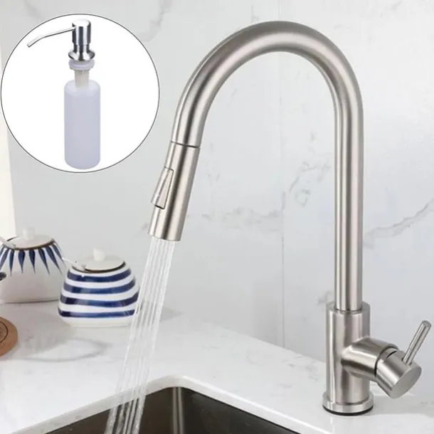 Kitchen Sink Mixer Faucet with Pull Out Sprayer, Stainless Steel Rotatable Vessel Tap, Rainfall/Waterfall Mode Spray Faucet, Black&Silver Kitchen Faucet Tap with Soap Dispenser