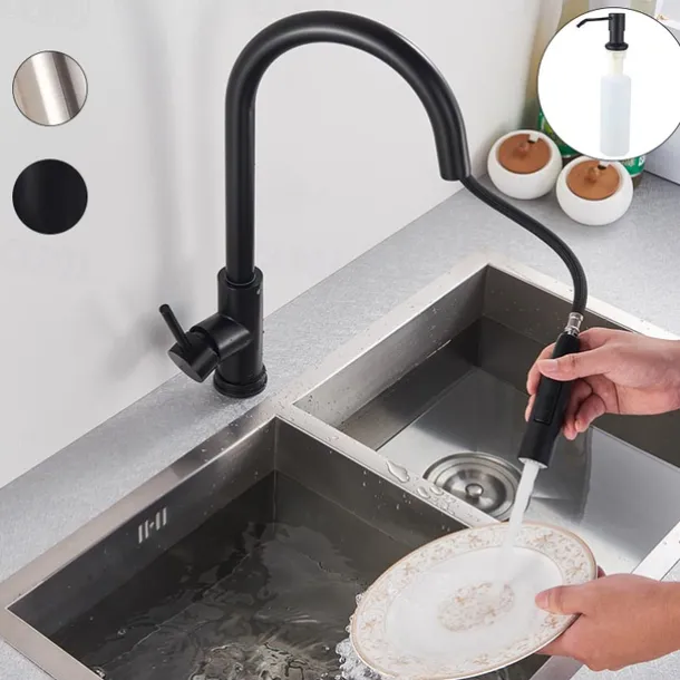 Kitchen Sink Mixer Faucet with Pull Out Sprayer, Stainless Steel Rotatable Vessel Tap, Rainfall/Waterfall Mode Spray Faucet, Black&Silver Kitchen Faucet Tap with Soap Dispenser