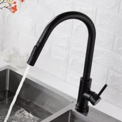 Kitchen Sink Mixer Faucet with Pull Out Sprayer, Stainless Steel Rotatable Vessel Tap, Rainfall/Waterfall Mode Spray Faucet, Black&Silver Kitchen Faucet Tap with Soap Dispenser