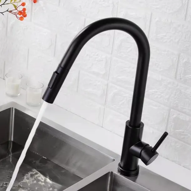 Kitchen Sink Mixer Faucet with Pull Out Sprayer, Stainless Steel Rotatable Vessel Tap, Rainfall/Waterfall Mode Spray Faucet, Black&Silver Kitchen Faucet Tap with Soap Dispenser