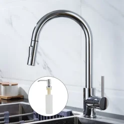 Kitchen Sink Mixer Faucet with Pull Out Sprayer, Stainless Steel Rotatable Vessel Tap, Rainfall/Waterfall Mode Spray Faucet, Black&Silver Kitchen Faucet Tap with Soap Dispenser