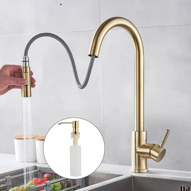 Kitchen Sink Mixer Faucet with Pull Out Sprayer, Stainless Steel Rotatable Vessel Tap, Rainfall/Waterfall Mode Spray Faucet, Black&Silver Kitchen Faucet Tap with Soap Dispenser