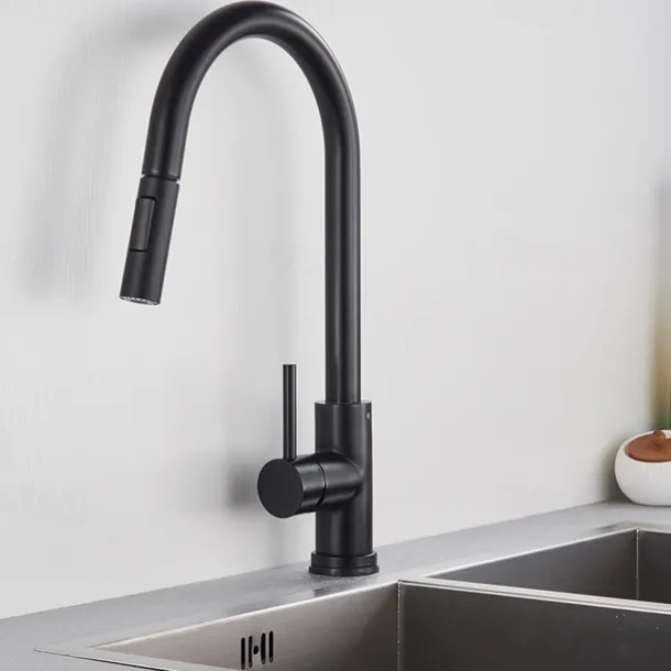 Kitchen Sink Mixer Faucet with Pull Out Sprayer, Stainless Steel Rotatable Vessel Tap, Rainfall/Waterfall Mode Spray Faucet, Black&Silver Kitchen Faucet Tap with Soap Dispenser