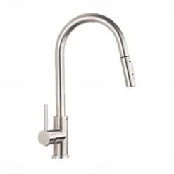 Kitchen Sink Mixer Faucet with Pull Out Sprayer, Stainless Steel Rotatable Vessel Tap, Rainfall/Waterfall Mode Spray Faucet, Black&Silver Kitchen Faucet Tap with Soap Dispenser