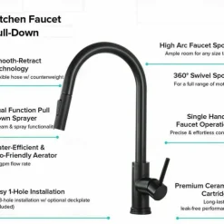 Kitchen Sink Mixer Faucet with Pull Out Sprayer, Stainless Steel Rotatable Vessel Tap, Rainfall/Waterfall Mode Spray Faucet, Black&Silver Kitchen Faucet Tap with Soap Dispenser