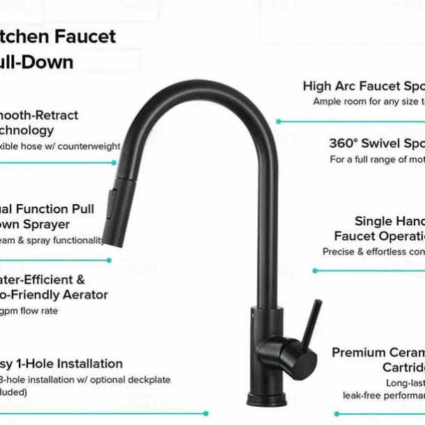 Kitchen Sink Mixer Faucet with Pull Out Sprayer, Stainless Steel Rotatable Vessel Tap, Rainfall/Waterfall Mode Spray Faucet, Black&Silver Kitchen Faucet Tap with Soap Dispenser