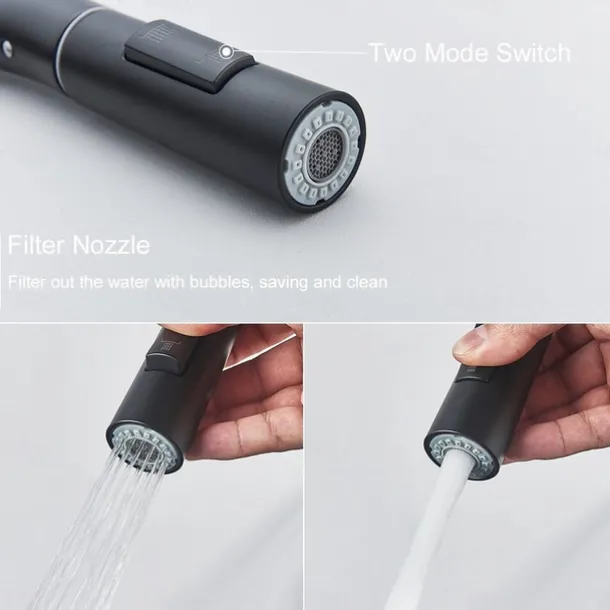 Kitchen Sink Mixer Faucet with Pull Out Sprayer, Stainless Steel Rotatable Vessel Tap, Rainfall/Waterfall Mode Spray Faucet, Black&Silver Kitchen Faucet Tap with Soap Dispenser