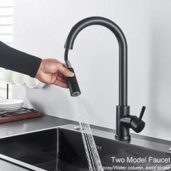 Kitchen Sink Mixer Faucet with Pull Out Sprayer, Stainless Steel Rotatable Vessel Tap, Rainfall/Waterfall Mode Spray Faucet, Black&Silver Kitchen Faucet Tap with Soap Dispenser