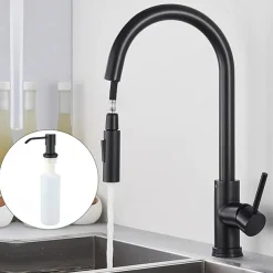 Kitchen Sink Mixer Faucet with Pull Out Sprayer, Stainless Steel Rotatable Vessel Tap, Rainfall/Waterfall Mode Spray Faucet, Black&Silver Kitchen Faucet Tap with Soap Dispenser