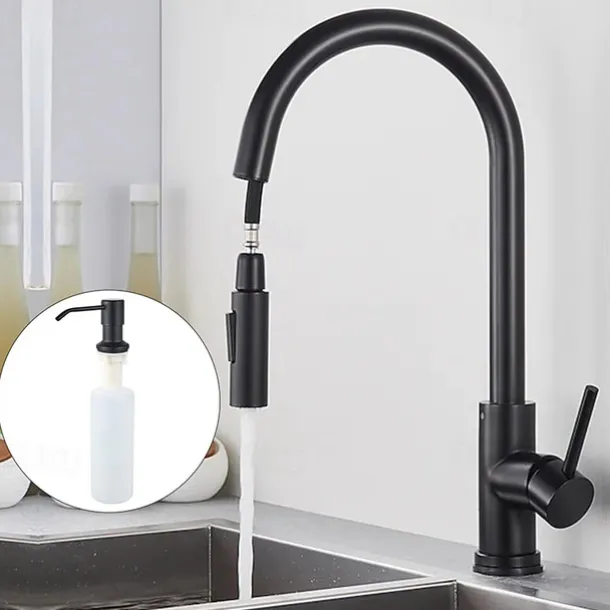 Kitchen Sink Mixer Faucet with Pull Out Sprayer, Stainless Steel Rotatable Vessel Tap, Rainfall/Waterfall Mode Spray Faucet, Black&Silver Kitchen Faucet Tap with Soap Dispenser
