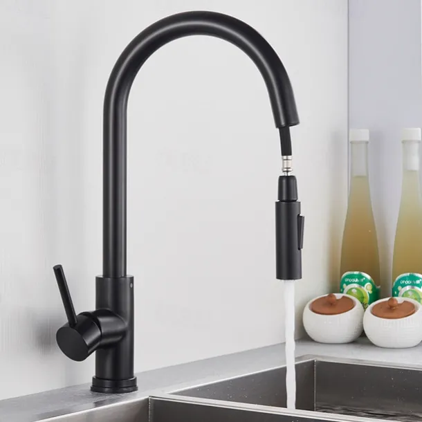 Kitchen Sink Mixer Faucet with Pull Out Sprayer, Stainless Steel Rotatable Vessel Tap, Rainfall/Waterfall Mode Spray Faucet, Black&Silver Kitchen Faucet Tap with Soap Dispenser