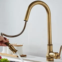 Kitchen Sink Mixer Faucet with Pull Out Spray, 360 Swivel Pull Down Vessel Taps Antique Brass/Black Deck Mounted, Antique Single Handle One Hole Kitchen Taps