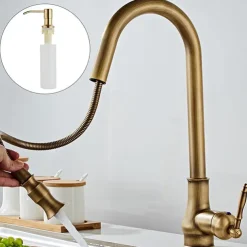 Kitchen Sink Mixer Faucet with Pull Out Spray, 360 Swivel Pull Down Vessel Taps Antique Brass/Black Deck Mounted, Antique Single Handle One Hole Kitchen Taps