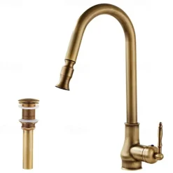 Kitchen Sink Mixer Faucet with Pull Out Spray, 360 Swivel Pull Down Vessel Taps Antique Brass/Black Deck Mounted, Antique Single Handle One Hole Kitchen Taps