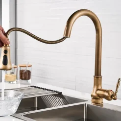 Kitchen Sink Mixer Faucet with Pull Out Spray, 360 Swivel Pull Down Vessel Taps Antique Brass/Black Deck Mounted, Antique Single Handle One Hole Kitchen Taps