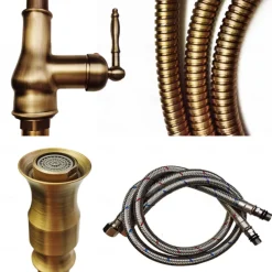 Kitchen Sink Mixer Faucet with Pull Out Spray, 360 Swivel Pull Down Vessel Taps Antique Brass/Black Deck Mounted, Antique Single Handle One Hole Kitchen Taps