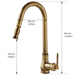 Kitchen Sink Mixer Faucet with Pull Out Spray, 360 Swivel Pull Down Vessel Taps Antique Brass/Black Deck Mounted, Antique Single Handle One Hole Kitchen Taps