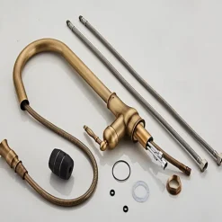 Kitchen Sink Mixer Faucet with Pull Out Spray, 360 Swivel Pull Down Vessel Taps Antique Brass/Black Deck Mounted, Antique Single Handle One Hole Kitchen Taps