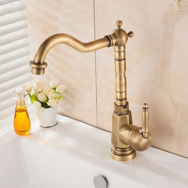 Kitchen Sink Mixer Faucet, 360 Swivel Single Handle Spring Kitchen Taps Deck Mounted, One Hole Brass Kitchen Sink Faucet Water Vessel Taps Retro Vintage