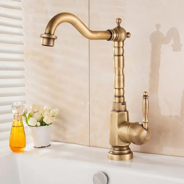 Kitchen Sink Mixer Faucet, 360 Swivel Single Handle Spring Kitchen Taps Deck Mounted, One Hole Brass Kitchen Sink Faucet Water Vessel Taps Retro Vintage