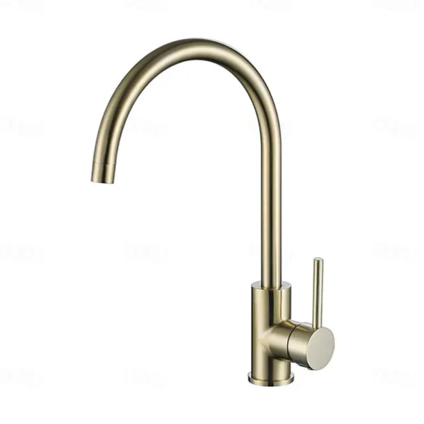 Kitchen Sink Mixer Faucet Brushed Gold Deck Mounted , 360 Swivel Single Handle Vessel Kitchen Brass Taps with Cold and Hot Water Hose