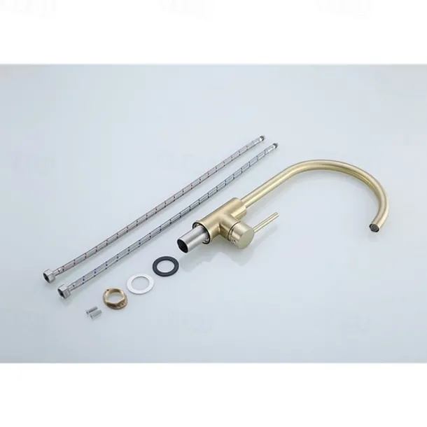 Kitchen Sink Mixer Faucet Brushed Gold Deck Mounted , 360 Swivel Single Handle Vessel Kitchen Brass Taps with Cold and Hot Water Hose