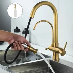 Kitchen Sink Mixer Faucet Pull Out Sprayer with Soap Dispenser, 360 swivel Black Single Handle Brass Taps Pull Down, Deck Mounted Hot Cold Water Hose Filter Tap