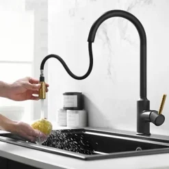 Kitchen Sink Mixer Faucet Pull Out, 360 swivel Single Lever Handle Brushed Solid Brass Taps Cold Hot Hose, One Hole with Pull Down Sprayer Black Gold Faucets