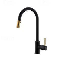 Kitchen Sink Mixer Faucet Pull Out, 360 swivel Single Lever Handle Brushed Solid Brass Taps Cold Hot Hose, One Hole with Pull Down Sprayer Black Gold Faucets