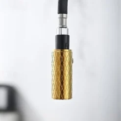 Kitchen Sink Mixer Faucet Pull Out, 360 swivel Single Lever Handle Brushed Solid Brass Taps Cold Hot Hose, One Hole with Pull Down Sprayer Black Gold Faucets