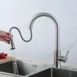 Kitchen Sink Mixer Faucet with Pull-out Spray Stainless Steel, 360 Rotating Single Handle Pull Down Kitchen Vessel Taps Deck Mounted