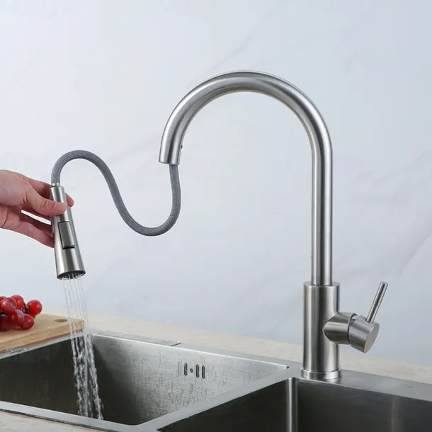Kitchen Sink Mixer Faucet with Pull-out Spray Stainless Steel, 360 Rotating Single Handle Pull Down Kitchen Vessel Taps Deck Mounted