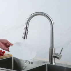 Kitchen Sink Mixer Faucet with Pull-out Spray Stainless Steel, 360 Rotating Single Handle Pull Down Kitchen Vessel Taps Deck Mounted